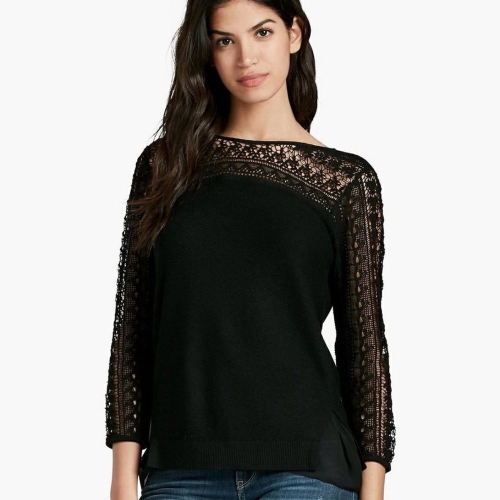 Lucky Brand Black Lace Yoke Woven Sweater Top